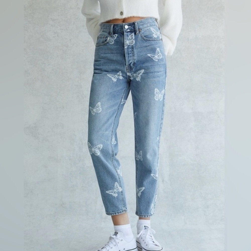 PACSUN Butterfly Print Ultra High Rise Slim Skinny Blue Jeans 100% Cotton - 25
